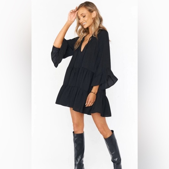 Show Me Your MuMu Dresses & Skirts - NWT Show Me Your Mumu Viola Tiered Mini Dress Women's XS Black Draped Flowy Boho